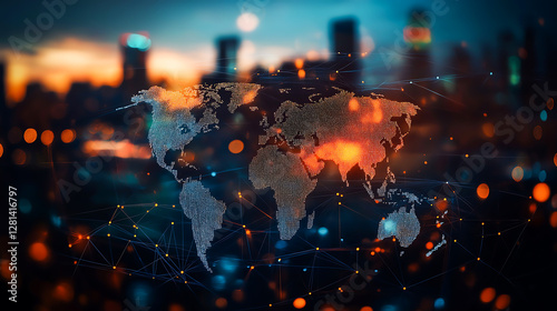 Creative glowing polygonal map hologram on blurry city background. Global community and network concept