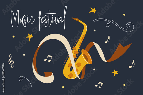 Enjoying vibrant melodies at a music festival with saxophone and decorations