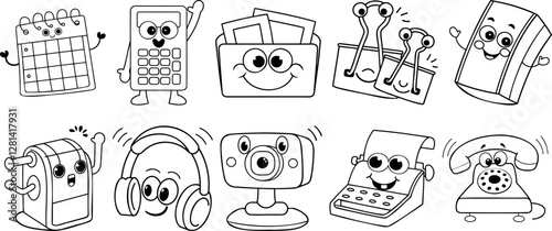 Fun Office Supplies Doodle Set with Cute Stationery and Gadgets