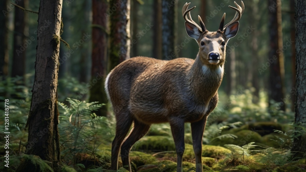 Fototapeta premium A detailed and realistic depiction of a Siberian musk deer standing gracefully in a dense, forested environment.
