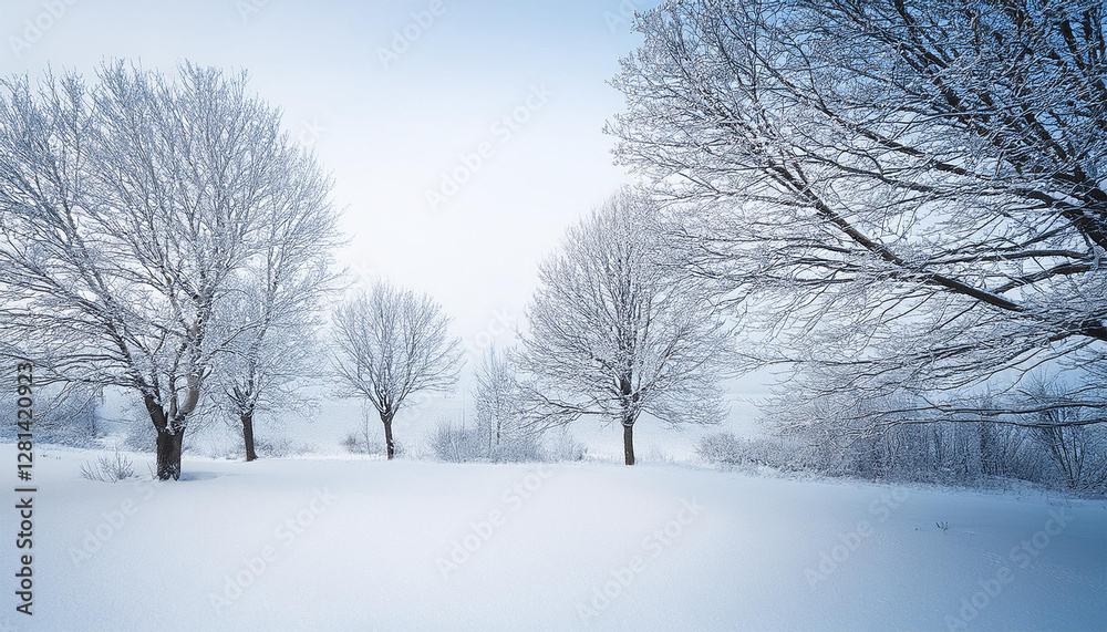 snowy winter landscape with bare trees in soft white background snowy winter landscape with bare trees in soft white background