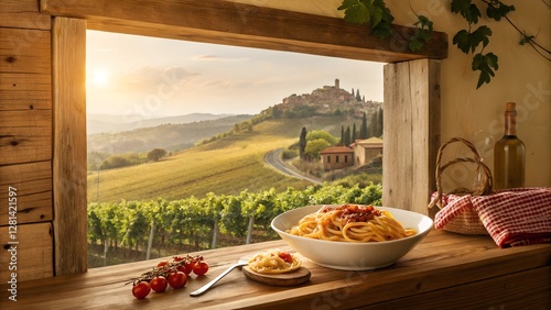 Tuscan Culinary Delight: A vibrant pasta dish rests on a rustic wooden ledge, framed by a window revealing a breathtaking vista of rolling hills, vineyards.