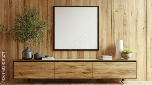 Modern Wooden Living Room Mockup with Empty Frame
