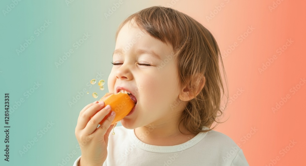 Young caucasian child joyfully eating juicy orange fruit Young caucasian child joyfully eating juicy orange fruit