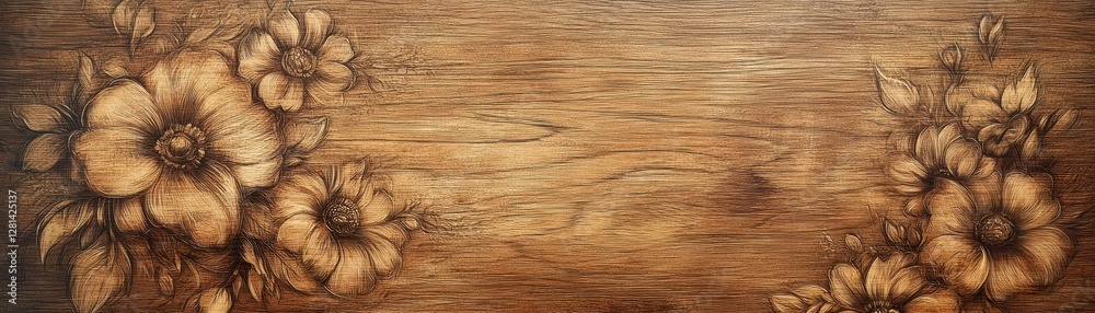 Obraz premium Aged wooden panel featuring engraved kimono floral motifs, blending natural textures with traditional art