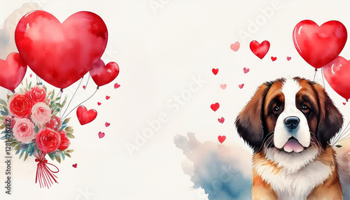 watercolor saint bernard with heart balloons bouquet adorable saint bernard dogs watercolor art holding heart shaped balloons and bouquets symbolizes love loyalty affection happiness and vale photo