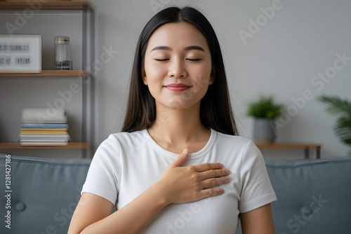 Create an image featuring a person with a blurred face, wearing a white t-shirt, and placing one hand over their chest. The background includes a lamp, a plant, and a shelf with various items. The sce
