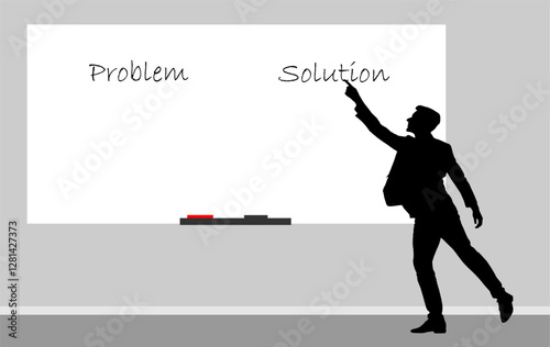 Vektor Darstellung am Whiteboard - Silhouette Mann zeigt auf die Tafel - Problem Lösung 