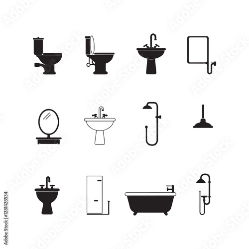bathroom icon set silhouette collection of faucets bathtub sinks water tap basin and showers illustrations