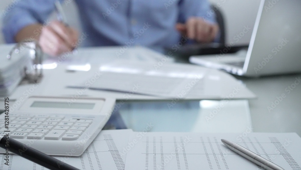 Fototapeta premium Calculator, pen and documents are lying on accountant's desk. Businessman wearing blue shirt is working with documents on the background. Business people, audit concept