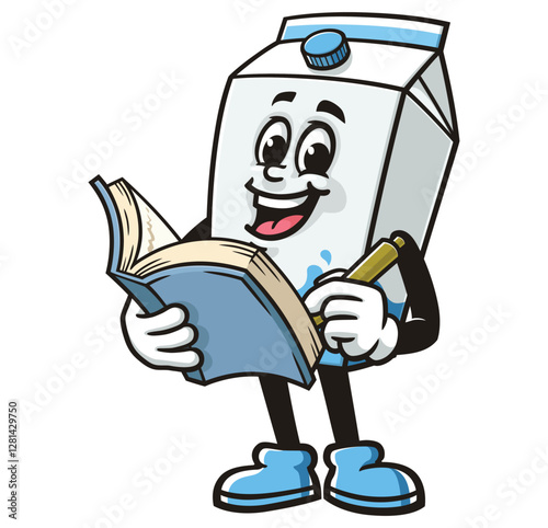 Milk Box character mascot cartoon with book