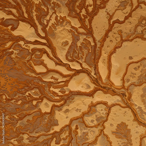 An abstract aerial view reveals intricate, branching patterns resembling waterways or veins in a warm, earthy palette of ochre and sienna hues.