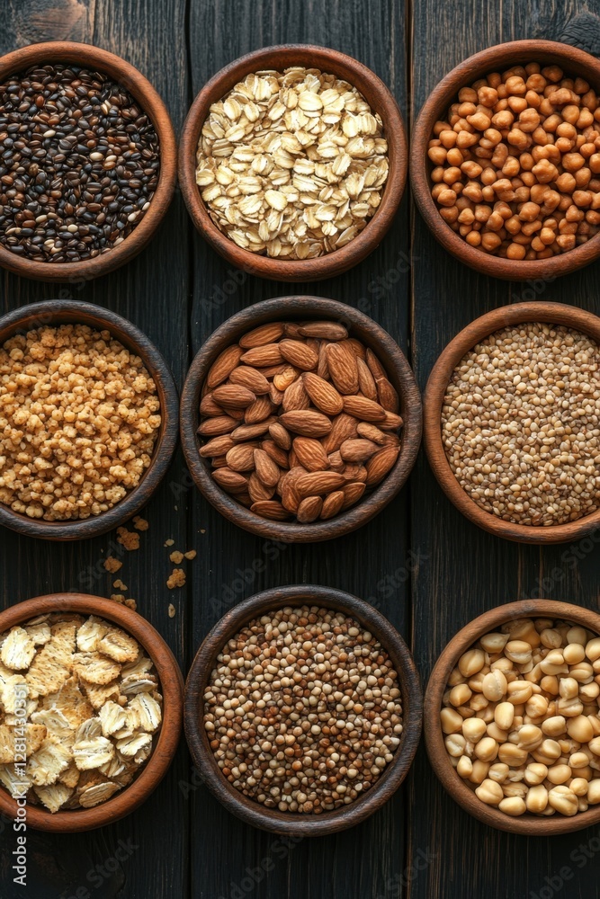 Rustic Wooden Bowls Displaying Assorted Grains Seeds and Nuts on Dark Wood Tabletop Overhead Shot Healthy Eating Vegan Diet Natural Light Rustic Wooden Bowls Displaying Assorted Grains Seeds and Nuts on Dark Wood Tabletop Overhead Shot Healthy Eating Vegan Diet Natural Light
