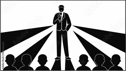 Dynamic Black and White Silhouette of a Speaker Addressing an Audience