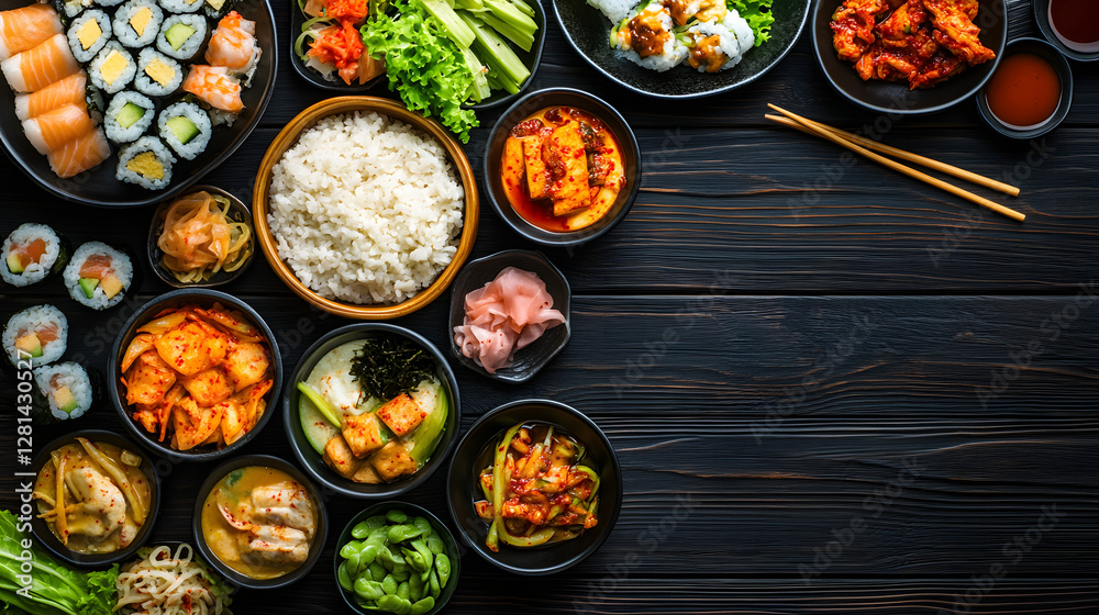 Dark wooden background with various Korean dishes including kimchi, sunlight, and shadows
Dark wooden background with various Korean dishes including kimchi, sunlight, and shadows