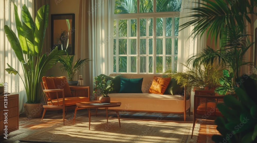 Fototapeta premium Cozy Interior With Natural Light Illuminating a Modern Seating Area Filled With Greenery and Warm Textures in a Tranquil Setting