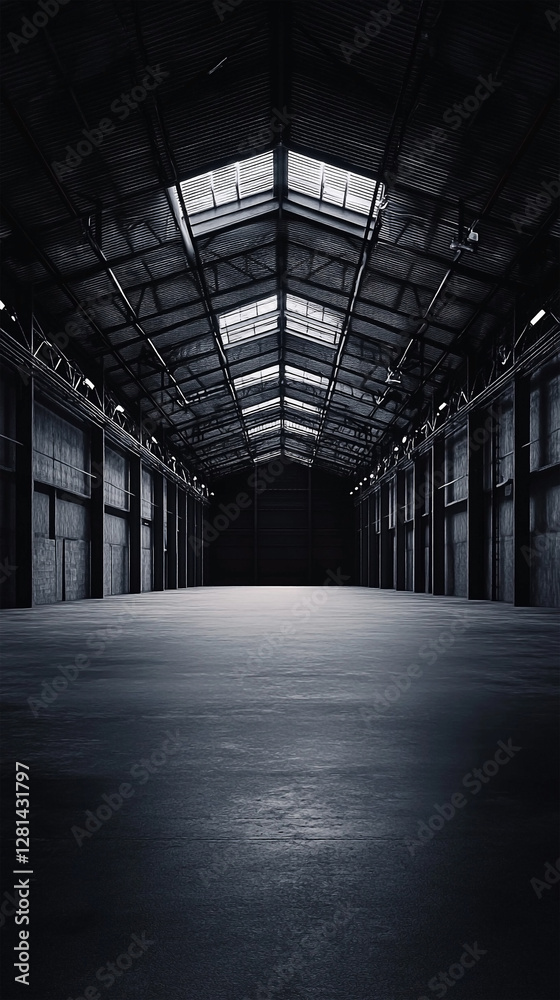 Obraz premium Empty industrial storage facility showcases modern architecture and geometric lines a spacious dark space