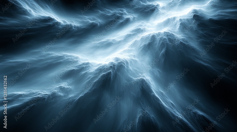 A blue and white image of a stormy ocean with waves crashing against the shore A blue and white image of a stormy ocean with waves crashing against the shore
