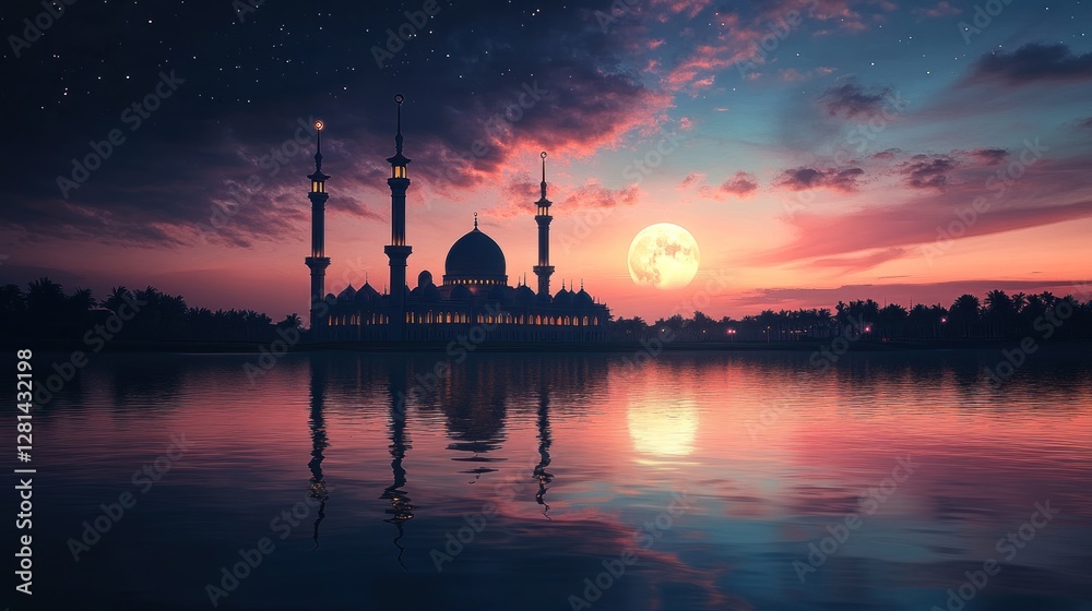 Naklejka premium Majestic Mosque Sunset Serene Waters Starry Night