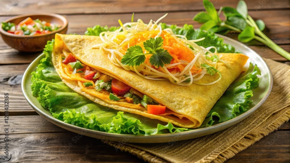 Thin Vietnamese crepe with savory fillings served on a plate amidst crispy bean sprouts and fresh lettuce leaves, steamed pancake, banh xeo Thin Vietnamese crepe with savory fillings served on a plate amidst crispy bean sprouts and fresh lettuce leaves, steamed pancake, banh xeo