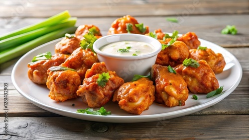Crispy boneless chicken wings smothered in creamy buffalo BBQ sauce drips onto a white plate , wing, meat
