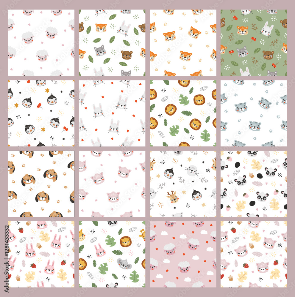Fototapeta premium Cute animals pattern, cute safari, wild animals, kids pattern, cartoon, seamless pattern