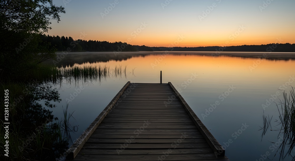 A tranquil scene of a wooden pier stretching out onto a calm lake at sunset, reflecting soft golden light and the surrounding serene wilderness. A tranquil scene of a wooden pier stretching out onto a calm lake at sunset, reflecting soft golden light and the surrounding serene wilderness.