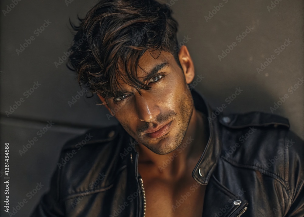 Fototapeta premium Portrait of young middle eastern man in leather jacket looking confidently outdoors urban setting fashion photography