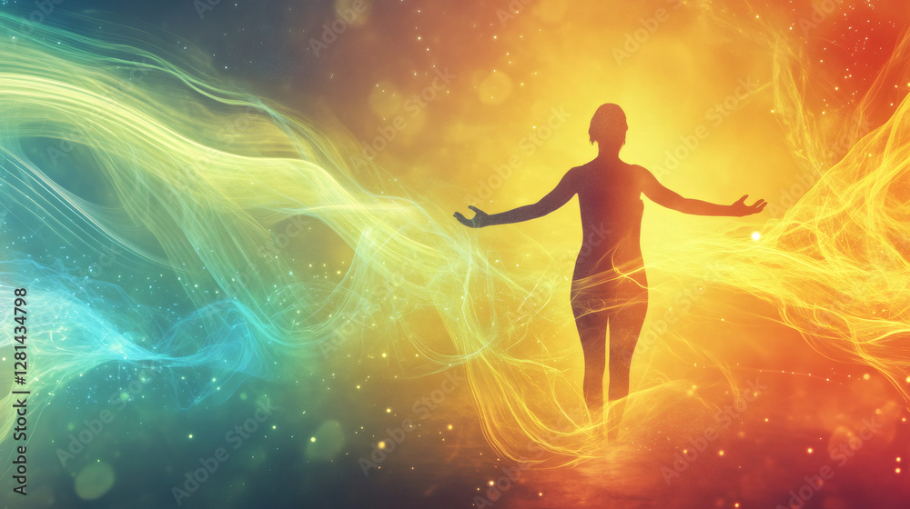 Fototapeta premium Spiritual woman silhouetting, spreading arms wide, absorbing vibrant energy currents against blue-orange gradient backdrop