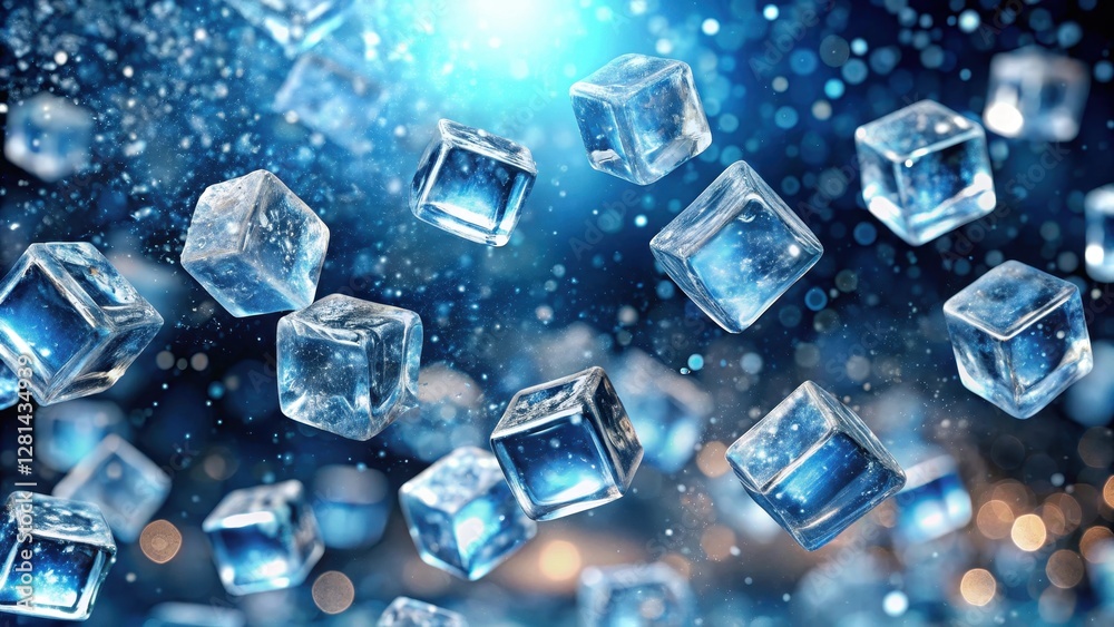 Glittering ice cubes suspended in mid-air, frozen crystals shimmering with dew , frozen, icy, frozen, icy Glittering ice cubes suspended in mid-air, frozen crystals shimmering with dew , frozen, icy, frozen, icy