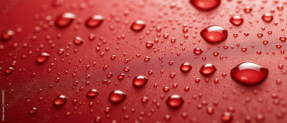 Close-up of red surface with water droplets, showcasing texture and shine. Close-up of red surface with water droplets, showcasing texture and shine.
