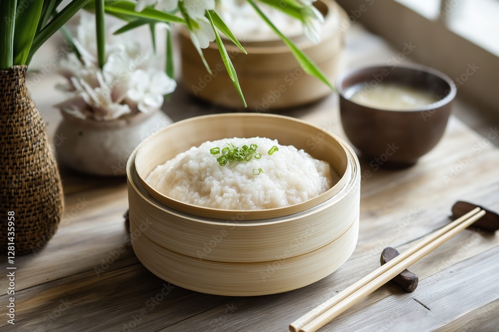 A beautiful setup featuring chinese breakfast steamed buns with meat and rice porridge, showcasing vibrant international breakfasts in a serene environment. A beautiful setup featuring chinese breakfast steamed buns with meat and rice porridge, showcasing vibrant international breakfasts in a serene environment.