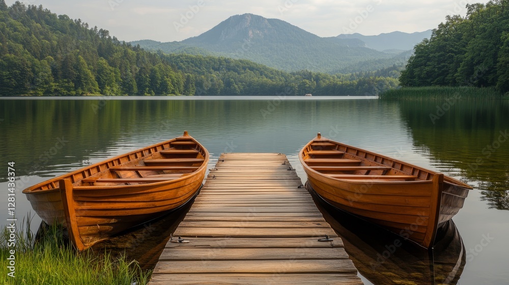 Two boats are docked at a pier in front of a mountain Two boats are docked at a pier in front of a mountain