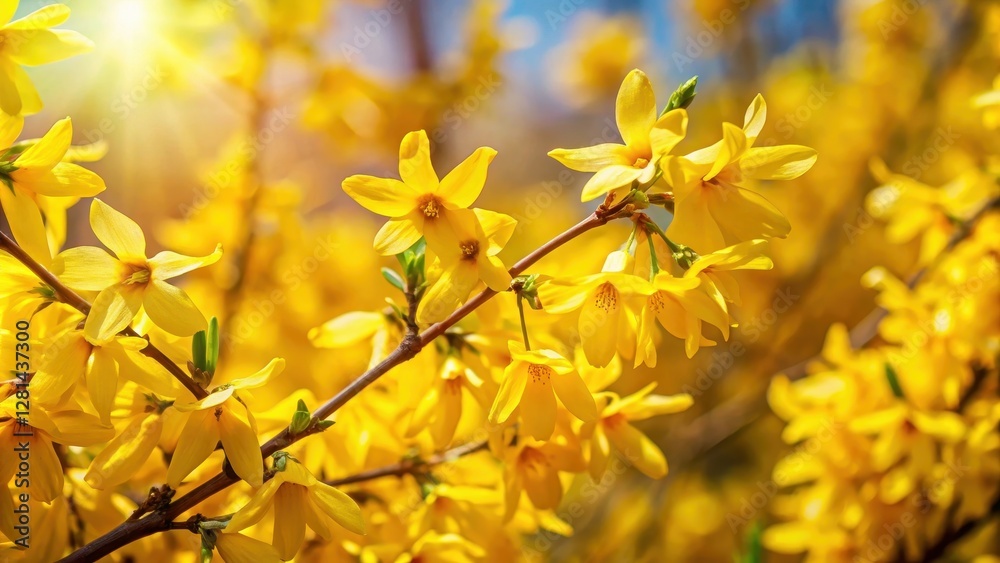 Close-up of blooming yellow forsythia branches with delicate petals and intricate details, showcasing vibrant colors and textures, sunny garden, floral arrangement Close-up of blooming yellow forsythia branches with delicate petals and intricate details, showcasing vibrant colors and textures, sunny garden, floral arrangement