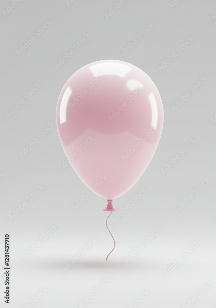 A single, inflated, pink, balloon floats against a light grey, solid background. The balloon is attached to a pink string.