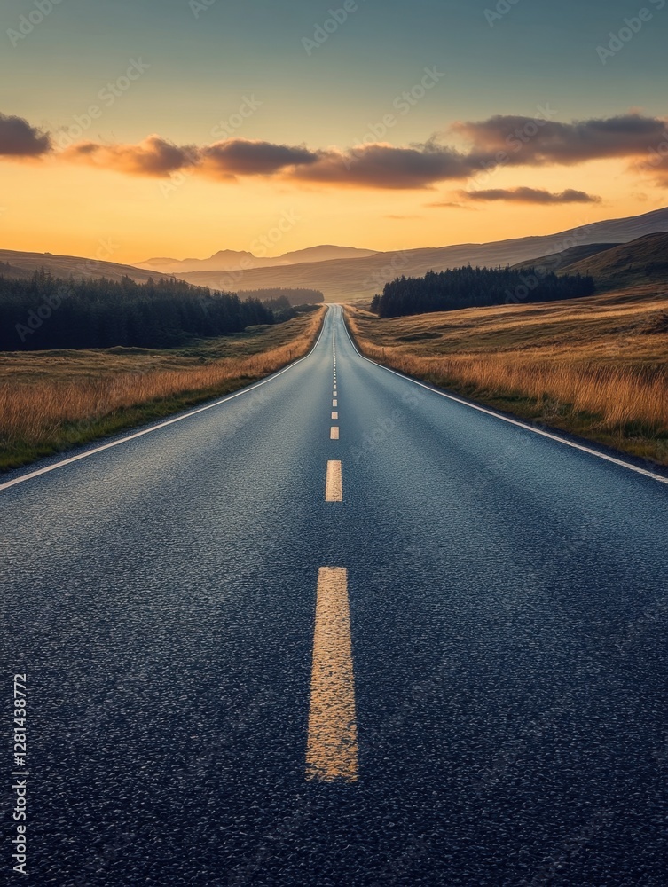 Fototapeta premium Serene asphalt road stretching through golden fields under a warm sunset sky leading to distant mountains peaceful landscape scenic route