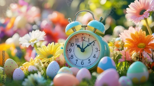 Colorful flower clock decorated with vibrant Easter eggs in a blooming garden