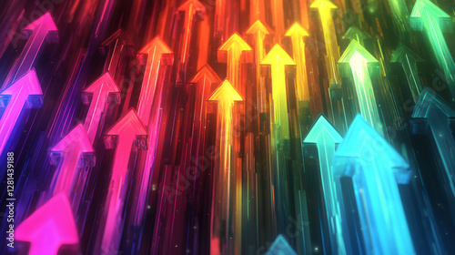 Many colorful glowing arrows are pointing upwards symbolizing growth, success, and achievement