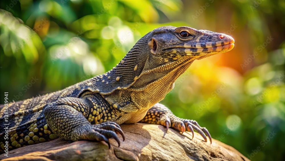 Obraz premium Large Asian water monitor lizard basking on a rock with its scaly skin glistening in the sunlight, sunlight