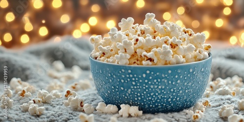 Fresh popcorn in a blue bowl with sparkling lights in the background creates a cozy atmosphere for movie night