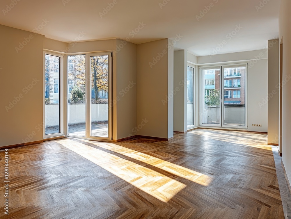 Fototapeta premium Bright Empty Apartment Interior with Herringbone Wood Floor and Balcony Doors in Natural Light
