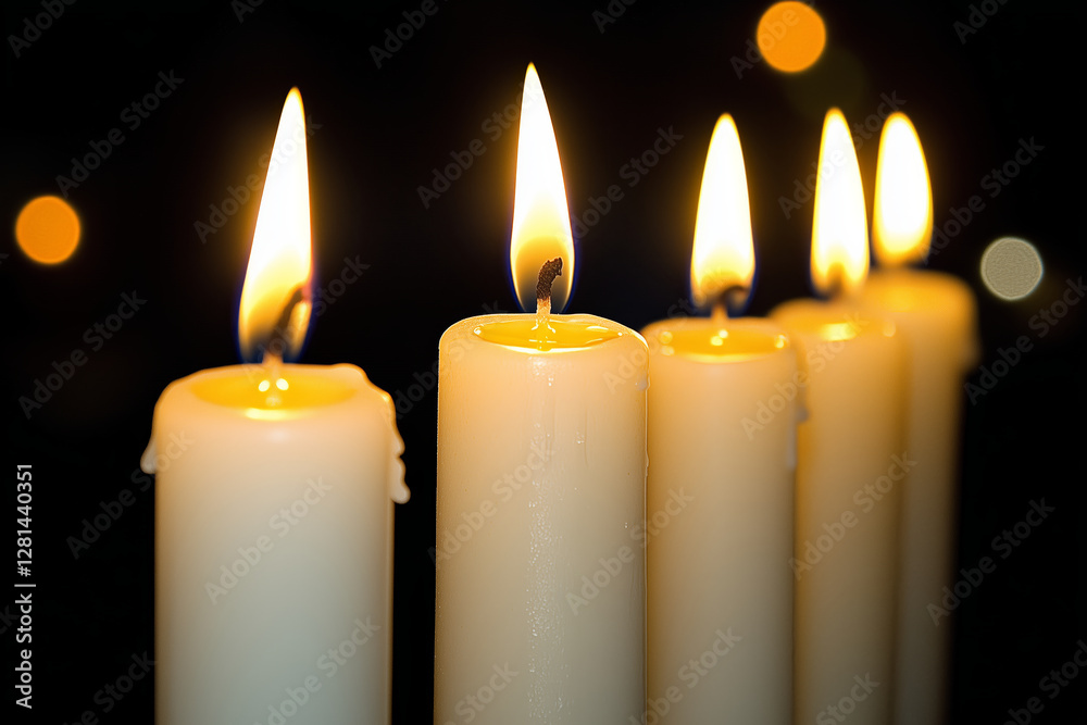 Soft Glow of White Candles in Darkness