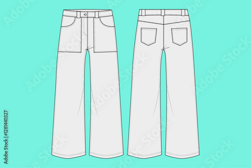 Black and white pant outline Technical Fashion Flat Sketch CAD Mockup template.
