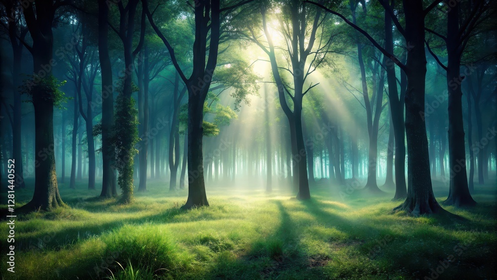 Naklejka premium Dark mysterious forest with a shadow overlay effect on trees and grass, atmosphere, shadow, atmosphere,shadow,night,dark