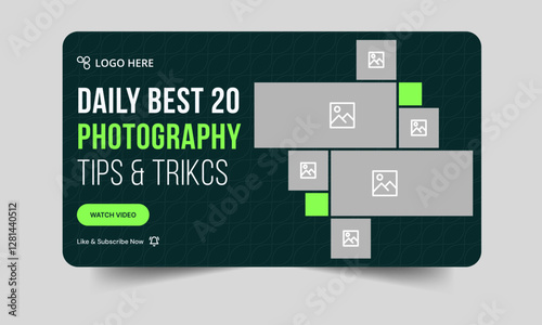 Best photo shoot tips and tricks video cover banner design, daily photography techniques video thumbnail banner design, customizable vector eps 10 file format