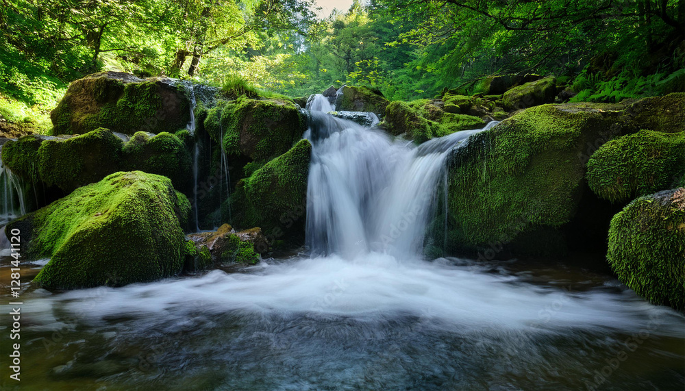 tranquil waterfall cascading over rocks in lush green landscape tranquil waterfall cascading over rocks in lush green landscape