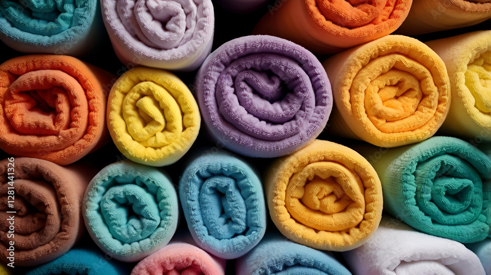 Colorful towels are rolled neatly, showcasing a range of vibrant hues
Colorful towels are rolled neatly, showcasing a range of vibrant hues