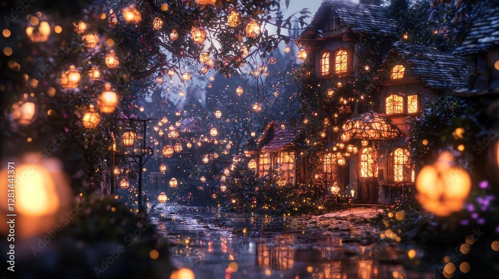 Naklejka premium Enchanted Village Night: A whimsical digital painting of a quaint village street at night