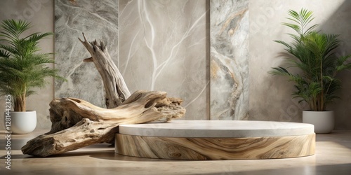 Elegant marble stone podium with driftwood for product display, marble, natural beauty, marble photo