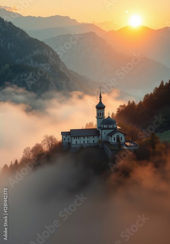 A beautiful historic monastery emerges through the morning fog, surrounded by mountains, symbolizing tranquility, spirituality, and a deep connection with nature.